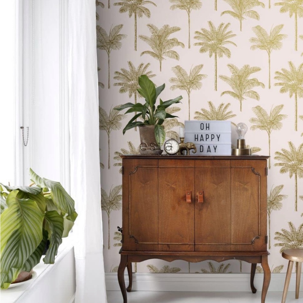 Taj Blush Palm Trees Unpasted Wallpaper, Soft Pink and Gold